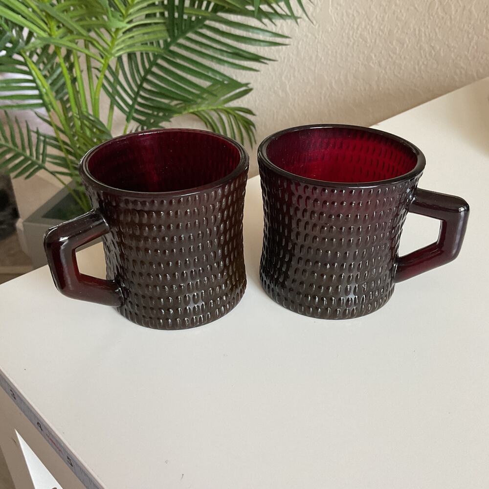 MCM Ruby Red Hobnail Glass Coffee Mug Lot of 2